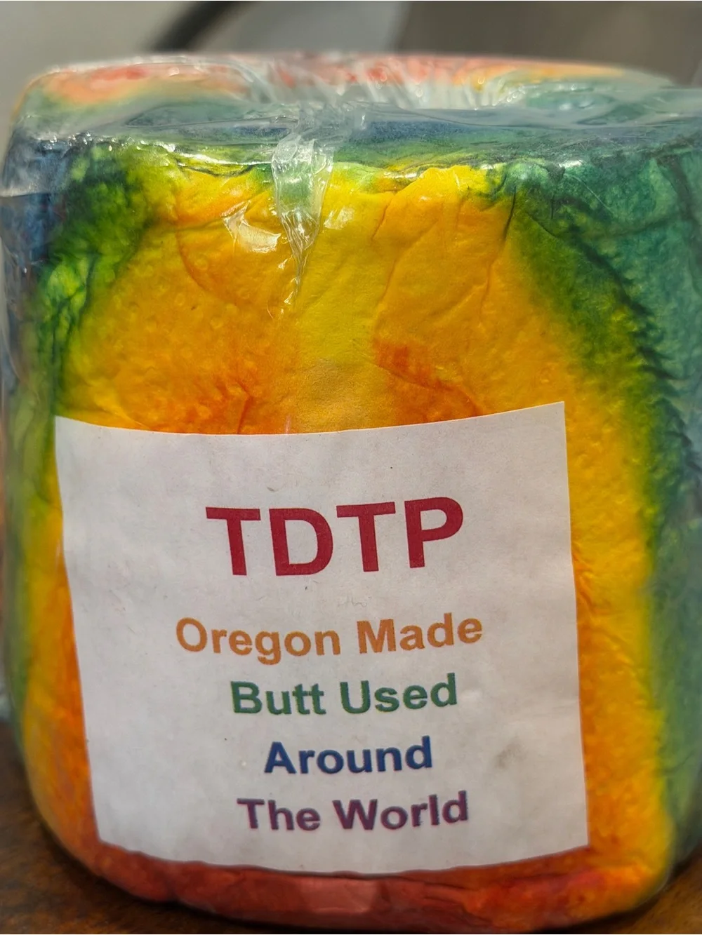 Novelty rainbow-colored, tie-dyed toilet paper W/ label TDTP & Oregon Made